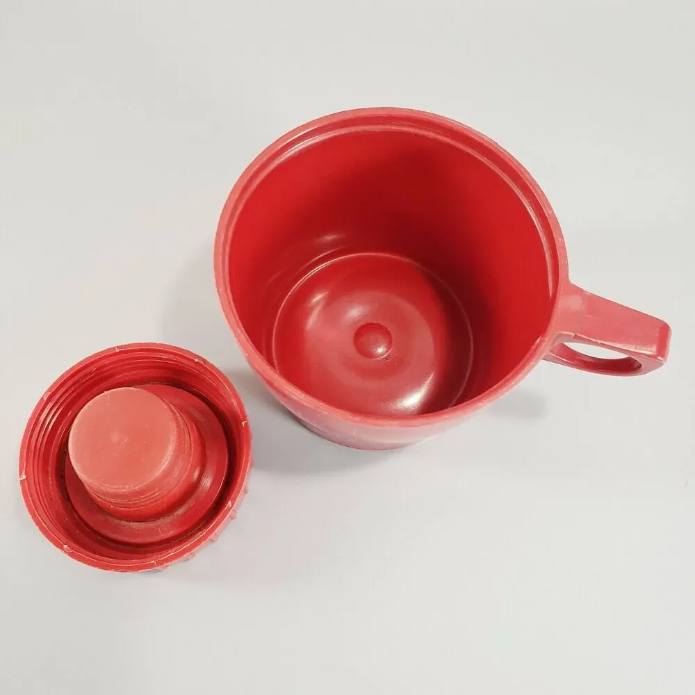 American Thermos Pint Size Ribbed Aluminum Red Cap Glass Insert Travel VTG